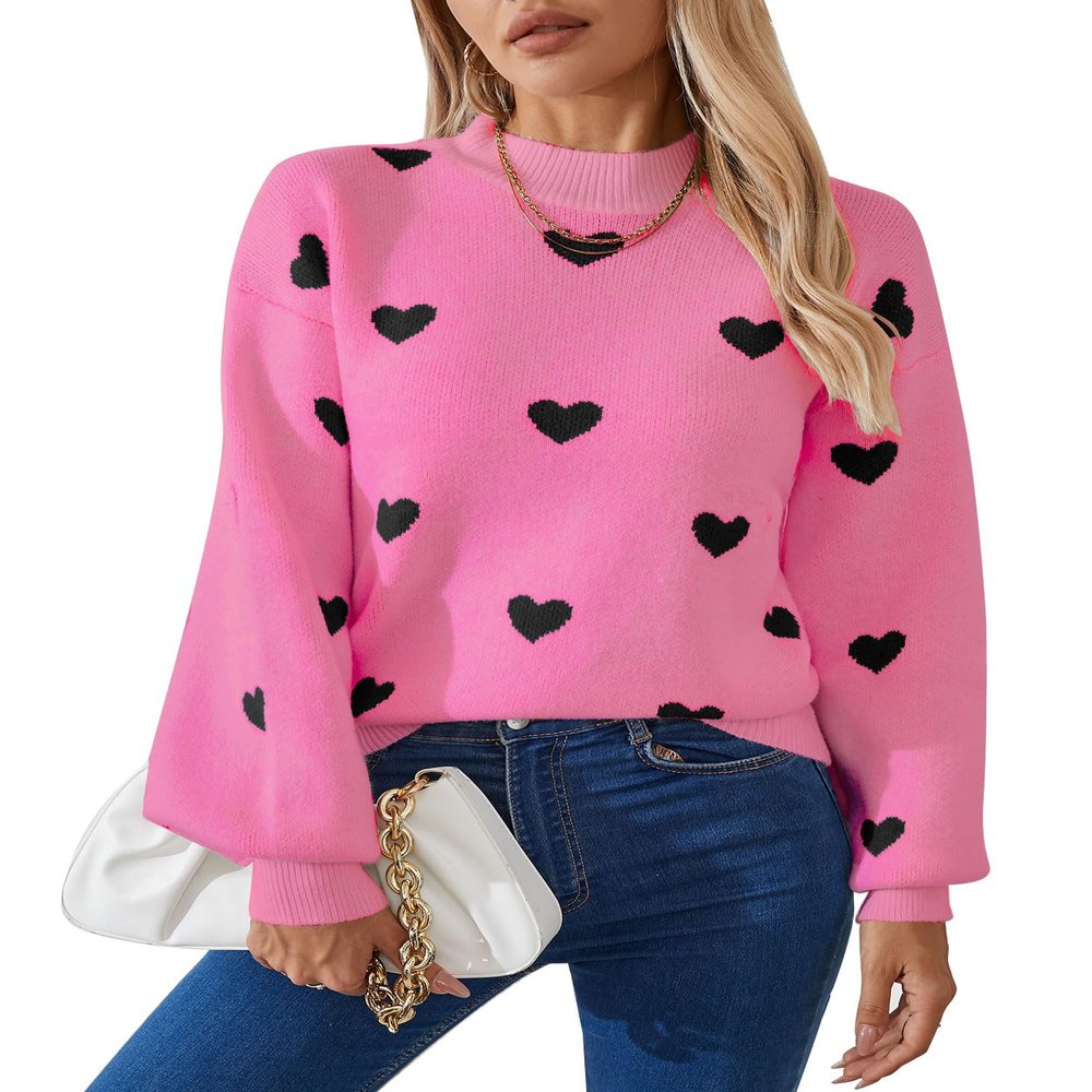 Allifewithu Women's Long Sleeve Mock Neck Sweaters Loose Casual Cute Heart Pullover Sweater Hot Pink X-Large
