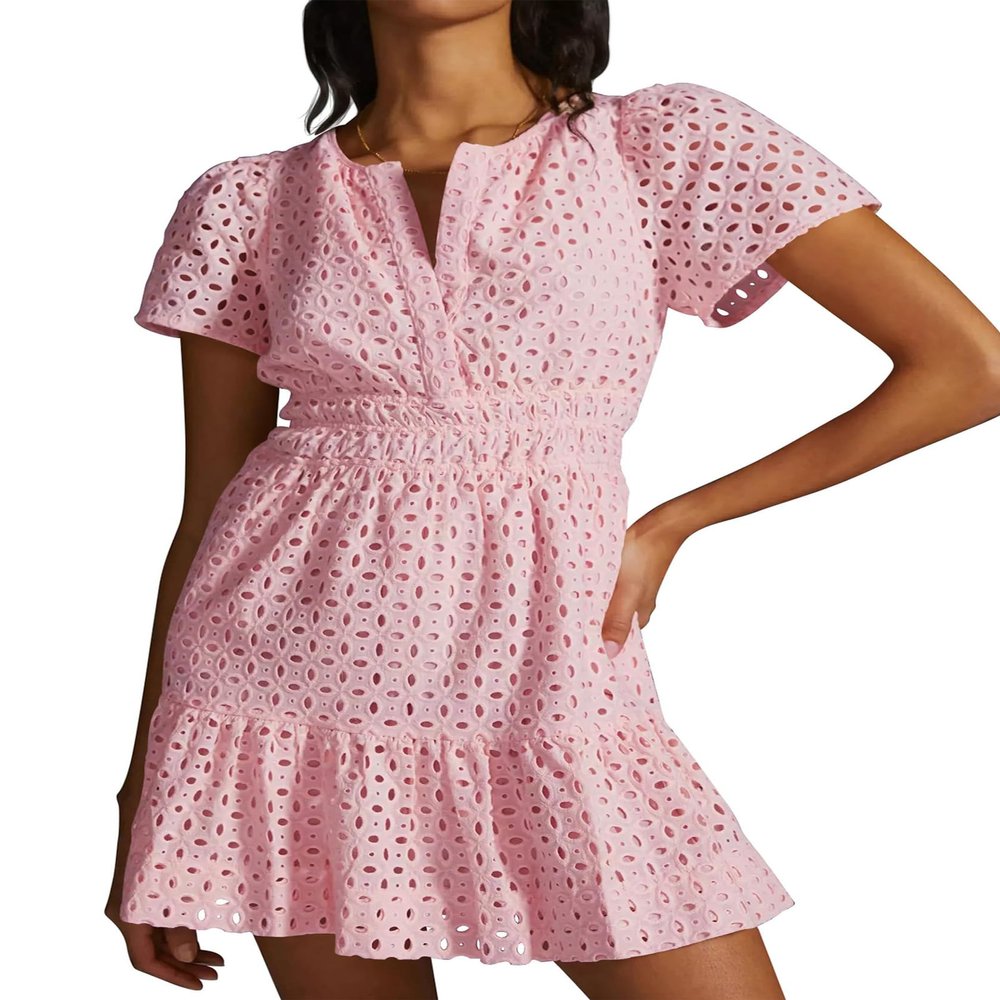 ABEHIK Casual Dresses for Women 2024 Cute Summer Short Sleeve Dress V Neck Hollow Out A Line Short Dress Beach Cocktail Party Bodycon Dresses Ruffle Maxi Dress Pink L