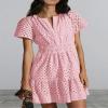 ABEHIK Casual Dresses for Women 2024 Cute Summer Short Sleeve Dress V Neck Hollow Out A Line Short Dress Beach Cocktail Party Bodycon Dresses Ruffle Maxi Dress Pink L view 2