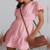 ABEHIK Casual Dresses for Women 2024 Cute Summer Short Sleeve Dress V Neck Hollow Out A Line Short Dress Beach Cocktail Party Bodycon Dresses Ruffle Maxi Dress Pink L view 3