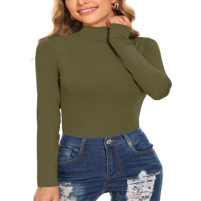 XSRYT Women's Mock Turtleneck Tops Casual Slim Fitted Lightweight Long Sleeve Under Layer Pullover Shirts Army Green S