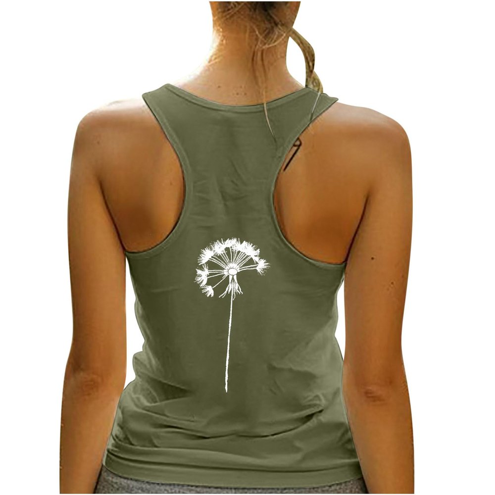 HGps8w Racerback Tank Tops for Women Back Dandelion Printed Chic Sleeveless Loose Fit Summer Yoga Workout Camisole Shirts