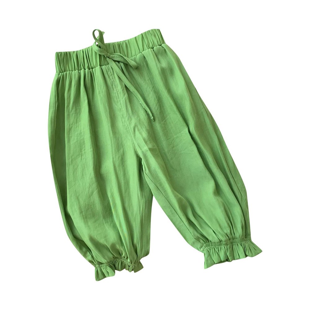 NineFit Basics Girls Summer Solid Color Pants Bundle Mouth Casual Pants Children's Draping Ice Silk Pants 0 to 6 (Green, 12-18 Months)