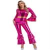 Linjinx Women's Shiny Metallic Jumpsuit Costume Tiered Flare Sleeve Bell Bottom Hippie Romper Hot Pink X-Large view 1