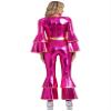 Linjinx Women's Shiny Metallic Jumpsuit Costume Tiered Flare Sleeve Bell Bottom Hippie Romper Hot Pink X-Large view 2