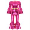 Linjinx Women's Shiny Metallic Jumpsuit Costume Tiered Flare Sleeve Bell Bottom Hippie Romper Hot Pink X-Large view 3