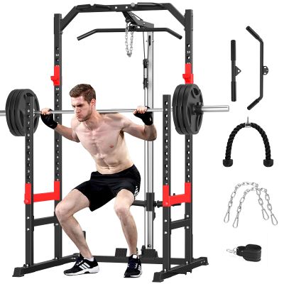 Power Cage, Multi-Function Power Rack with Pulley System Strength Training for Home Gym, Bench Press Squat LAT Pull-Down Pull-up Rowing, All in One Workout Cage (Red)