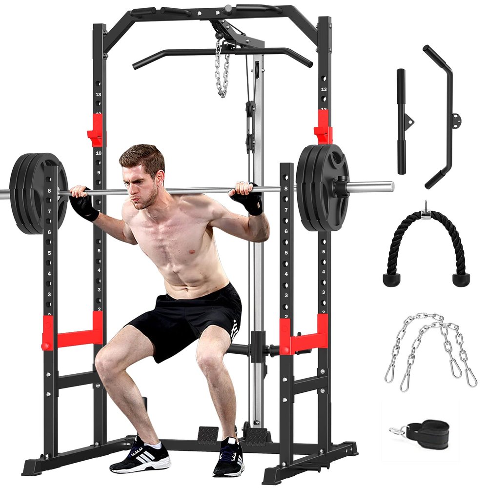 Power Cage, Multi-Function Power Rack with Pulley System Strength Training for Home Gym, Bench Press Squat LAT Pull-Down Pull-up Rowing, All in One Workout Cage (Red)