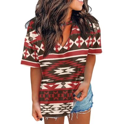 Hdjxbdhsv 2024 Womens Western T-Shirt V Neck Western Clothing Cross Graphic Printed Vintage Aztec T Shirts