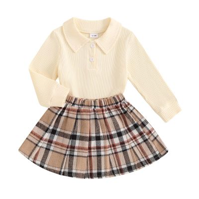 JLKGICF Toddler Baby Girl Fall Winter Clothes Long Sleeve Solid Knit T Shirt Tops Floral/Plaid Mini Pleated Skirts Set 12M-5T (Buffalo Plaid Apricot, 4-5T)