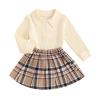JLKGICF Toddler Baby Girl Fall Winter Clothes Long Sleeve Solid Knit T Shirt Tops Floral/Plaid Mini Pleated Skirts Set 12M-5T (Buffalo Plaid Apricot, 4-5T) view 1