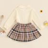 JLKGICF Toddler Baby Girl Fall Winter Clothes Long Sleeve Solid Knit T Shirt Tops Floral/Plaid Mini Pleated Skirts Set 12M-5T (Buffalo Plaid Apricot, 4-5T) view 3