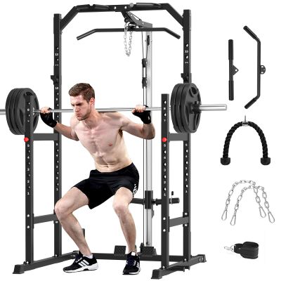 Power Cage, Multi-Function Power Rack with Pulley System Strength Training for Home Gym, Bench Press Squat LAT Pull-Down Pull-up Rowing, All in One Workout Cage (Black)