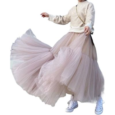 LIXINGHEITANG Fluffy Elastic Waist Skirts Long Loose Pleated Thin Skirt Women Summer s3 Pink8 M