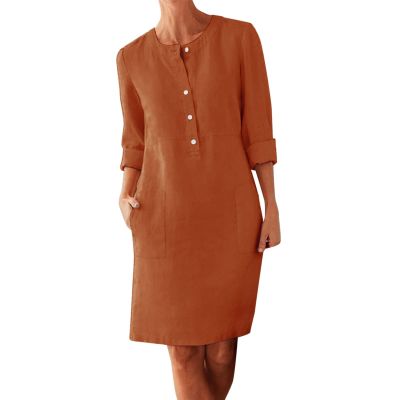 xoxingysm Womens Spring Summer Maxi Dresses Cotton Linen Dressy Blouses Shift Dress for Women V Neck Rull Up Long Sleeves Solid Loose Casual Flowy Summer Dresses Beach Coverups