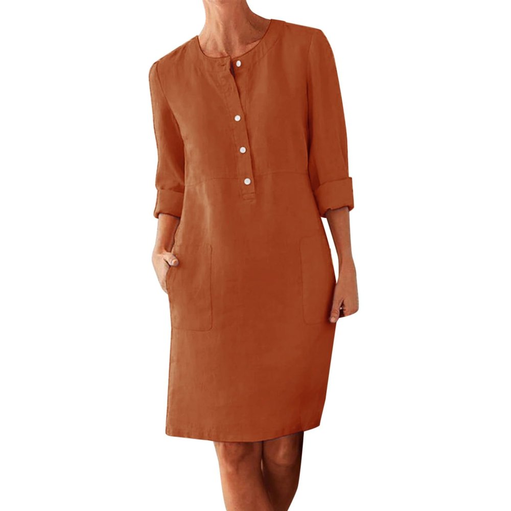xoxingysm Womens Spring Summer Maxi Dresses Cotton Linen Dressy Blouses Shift Dress for Women V Neck Rull Up Long Sleeves Solid Loose Casual Flowy Summer Dresses Beach Coverups