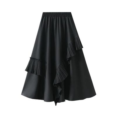 LIXINGHEITANG Irregular Ruffle Skirt Women Middle and Long Slim A-line Loose Elastic Waist Party Patchwork Skirts Spring s1 Black8 M