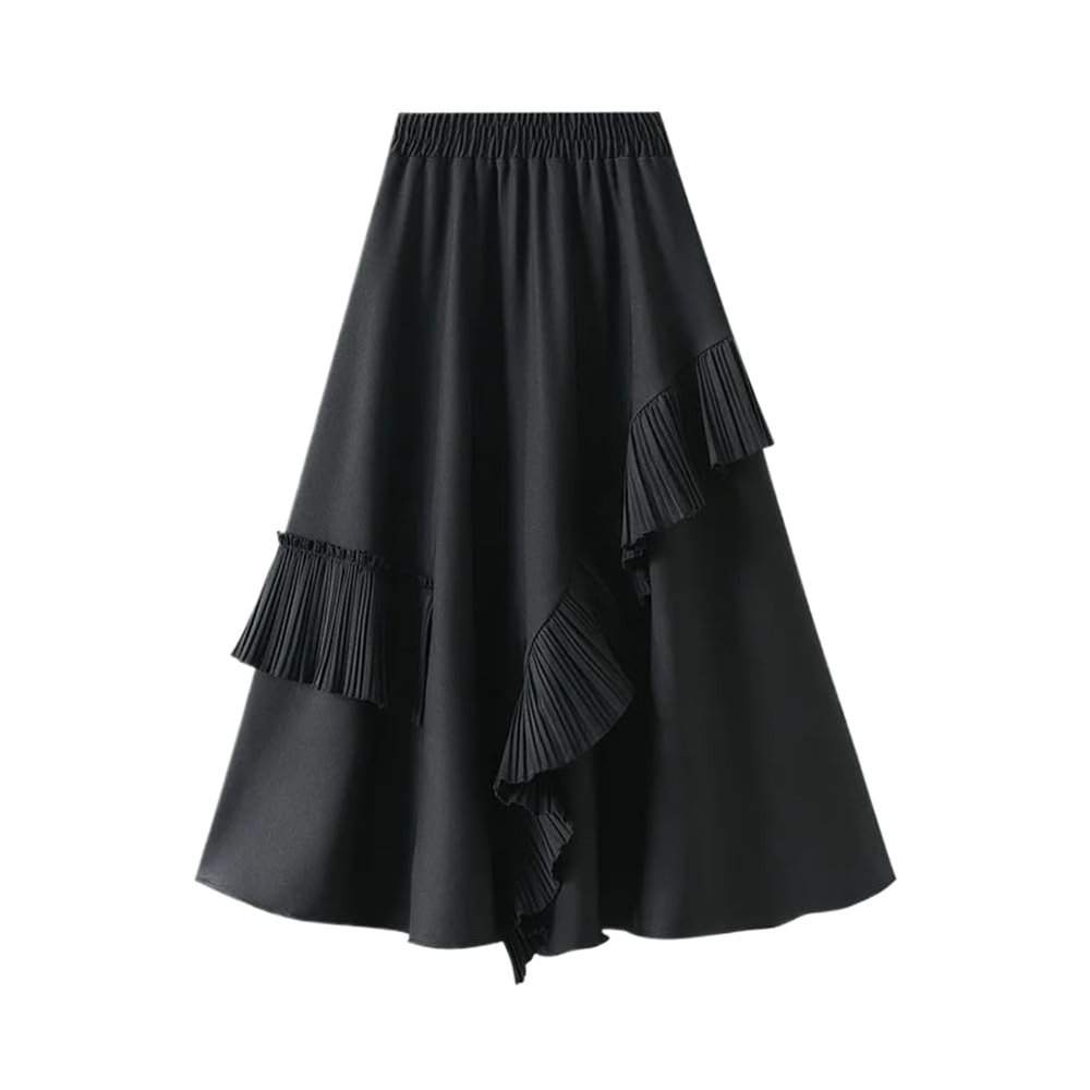 LIXINGHEITANG Irregular Ruffle Skirt Women Middle and Long Slim A-line Loose Elastic Waist Party Patchwork Skirts Spring s1 Black8 M