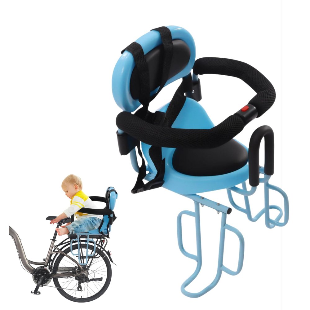 Emmliy Rear Kids Bike Seat, Child Bike Seat Attachment for Adult Bike Mountain Bike and City Bicycles with Seat Cushion, U-Shaped Removable Guardrail and Wide Footrest, 6 Months -6 Years Old (Blue)