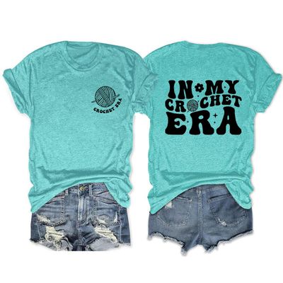 in My Crochet Era Shirt Womens Funny Knitting Lover T Shirt Gift for Crochet Lover Letter Print Yarn Graphic Tee Blue
