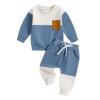 FOMOYUU Toddler Baby Boy Clothes Color Block Long Sleeve Sweatshirt Pullover Tops + Solid Pants Fall Winter Outfits Set (Blue, 0-6 Months) view 1