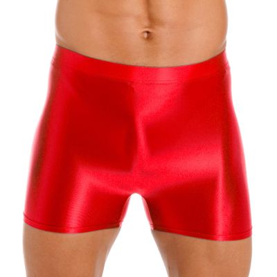 Moily Mens Glossy Sports Tights Spandex Biker Shorts Shiny Seamless Workout Compression Shorts Red Large