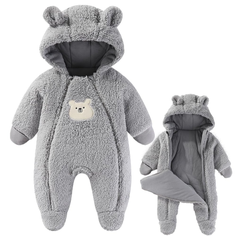 Fairy Baby Newborn Baby Baby Bear Outfit Girls Boys Fleece Jumpsuit Double Zips Romper Hooded Infant Coat Winter Clothes Outwear Snowsuit Grey 6-9M