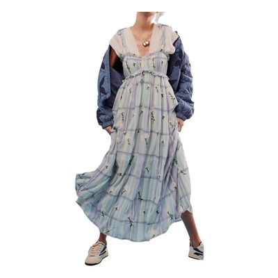 Brewee Women 2024 Summer Floral Print Boho Dress Spaghetti Straps Ruffle A Line Beach Long Maxi Dress (US, Alpha, X-Large, Regular, Regular, Blue Floral)