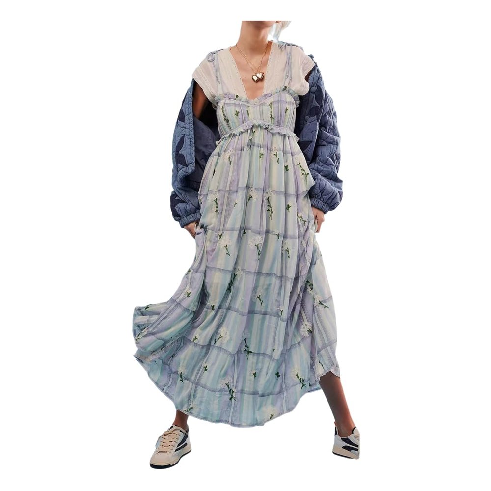 Brewee Women 2024 Summer Floral Print Boho Dress Spaghetti Straps Ruffle A Line Beach Long Maxi Dress (US, Alpha, X-Large, Regular, Regular, Blue Floral)