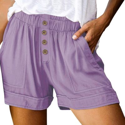 HJYUZP Shorts for Women High Waisted Button Front Elastic Plus Size Shorts Casual Wide Leg Shorts with (Purple, L)