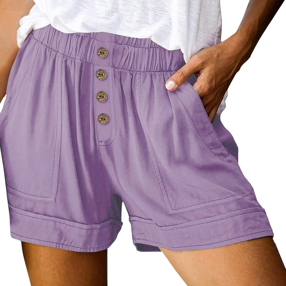 HJYUZP Shorts for Women High Waisted Button Front Elastic Plus Size Shorts Casual Wide Leg Shorts with (Purple, L)