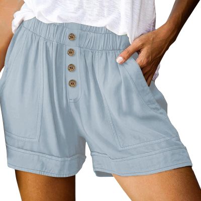 HJYUZP Shorts for Women High Waisted Button Front Elastic Plus Size Shorts Casual Wide Leg Shorts with (Blue, XXL)
