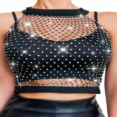 Nicute Rhinestone Mesh Bra Top Black Sparkly Crystal Halter Crop Top Glitter Beach Party Sexy Bikini Cover Up Top for Women (Black)