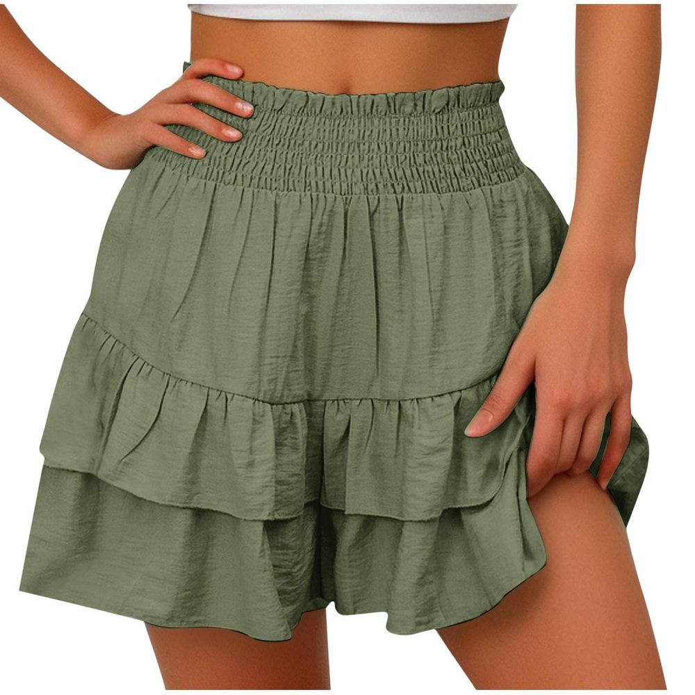 ,Shorts for Women, Bermuda Shorts for Women 2038 Summer High Waisted Ruffle Shorts Floral Pleated Hem Casual Pants, Placed by Me,XL,Green