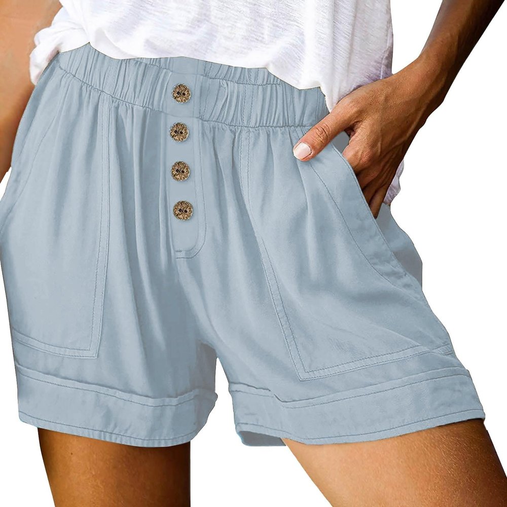 HJYUZP Shorts for Women High Waisted Button Front Elastic Plus Size Shorts Casual Wide Leg Shorts with Pockets (Blue, M)