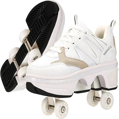 Shoes with Wheels  Roller Skate Shoes for Girls, Kids, Women, Men & Adults | Retractable High Roller Skating Shoes That Pop Out Into Sneaker Skates - White, 6.5