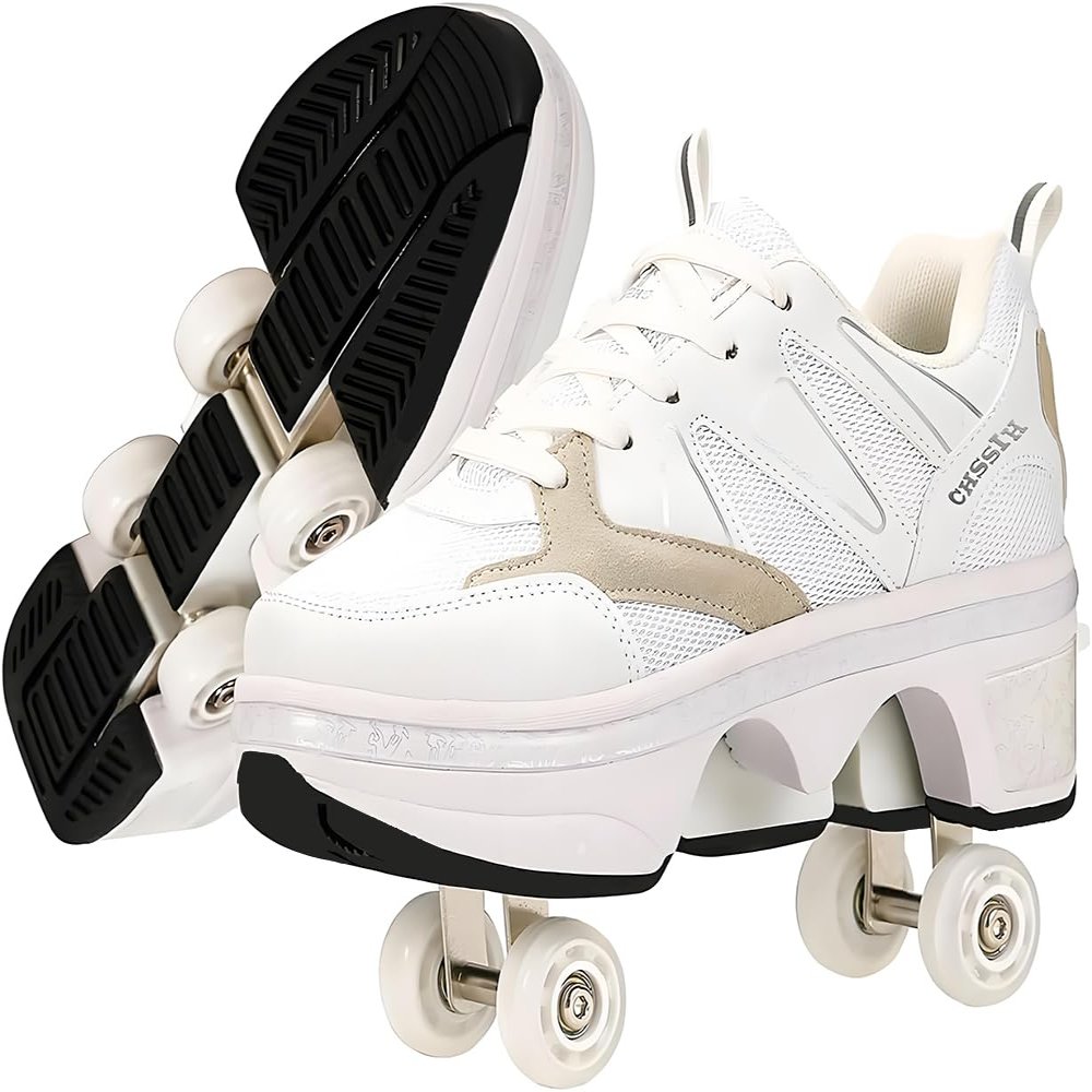 Shoes with Wheels  Roller Skate Shoes for Girls, Kids, Women, Men & Adults | Retractable High Roller Skating Shoes That Pop Out Into Sneaker Skates - White, 5.5