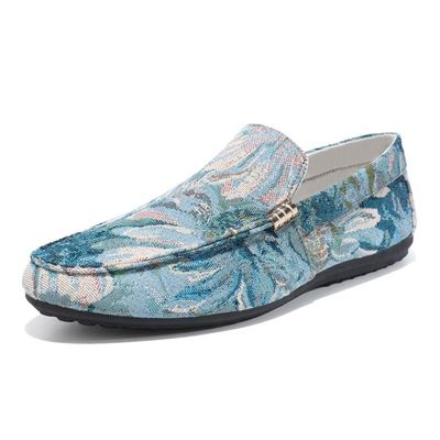 TAYGUM Loafers for Men Round Toe PU Leather Floral Loafer Shoes Flat Heel Slip Resistant Lightweight Walking Fashion Slip-ons(Blue,8)