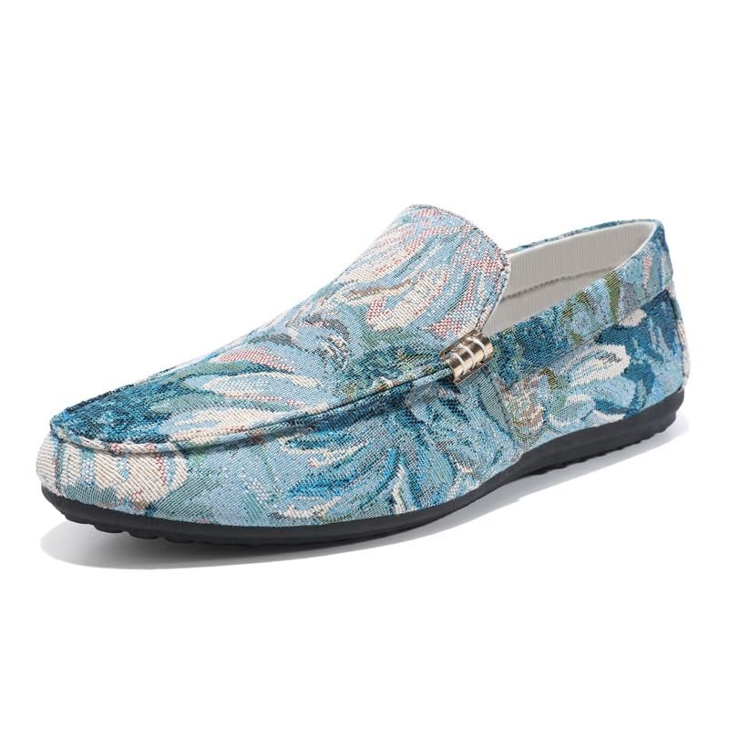 TAYGUM Loafers for Men Round Toe PU Leather Floral Loafer Shoes Flat Heel Slip Resistant Lightweight Walking Fashion Slip-ons(Blue,8)