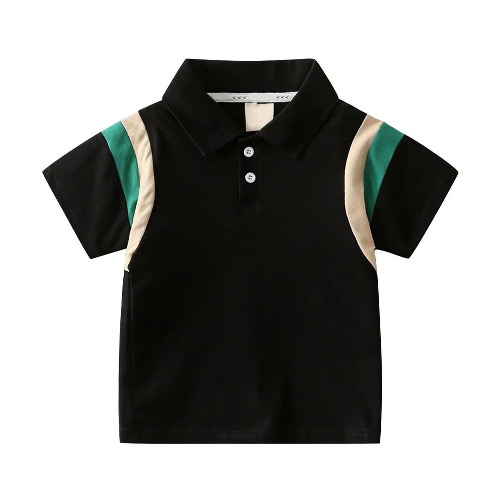 NineFit Basics Boys Patchwork Fashion Lapel Short Sleeve T Shirt Baby Tops Thermal Long Sleeve Shirt (Black, 4-5 Years)