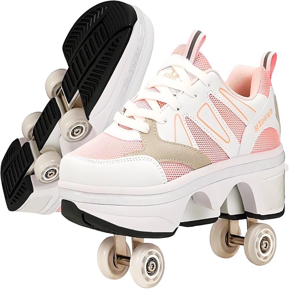 Roller Skate Shoes for Girls, Kids, Women & Adults  Retractable Shoes with Wheels | Pop-Out High Roller Skating Shoes That Turn Into Sneaker Skates - Pink, 7