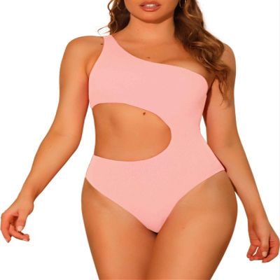 Elerevyo Women's One Piece One Shoulder Swimsuit, Asymmetric Waist Cutout Solid Swimwear Bathing Suit Monokini Medium Pink