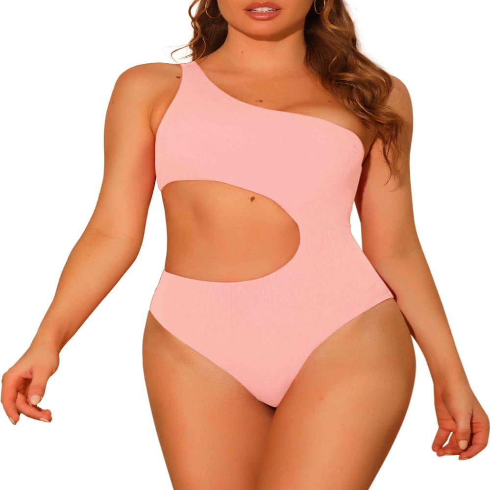 Elerevyo Women's One Piece One Shoulder Swimsuit, Asymmetric Waist Cutout Solid Swimwear Bathing Suit Monokini Medium Pink