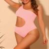 Elerevyo Women's One Piece One Shoulder Swimsuit, Asymmetric Waist Cutout Solid Swimwear Bathing Suit Monokini Medium Pink view 2