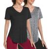 Alovien Women's Short Sleeve Workout Shirts, V Neck Sports Yoga Running Tops, Dry Fit Exercise T-Shirt Side Split Tee, Black & Grey,S view 1