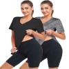 Alovien Women's Short Sleeve Workout Shirts, V Neck Sports Yoga Running Tops, Dry Fit Exercise T-Shirt Side Split Tee, Black & Grey,S view 2