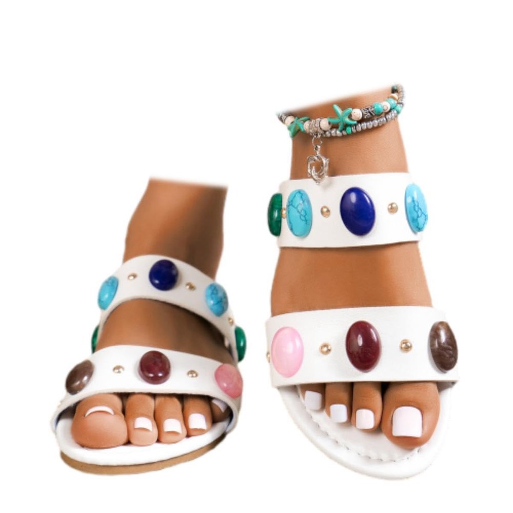 SACFOF Women's Beaded Open Toe Flat Sandals,Fashion Slip-on Dressy Slides Summer Casual Comfy Walking Slippers