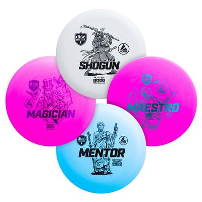 Discmania Disc Golf Starter Kit (4 Pack) | Active Line Beginner Disc Golf Set | Shogun, Maestro, Magician & Mentor | Base Plastic, Easy to Throw | Ideal Gift for New Players (Colors May Vary)