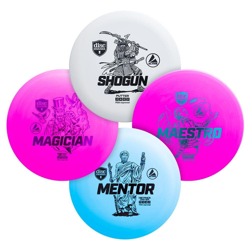 Discmania Disc Golf Starter Kit (4 Pack) | Active Line Beginner Disc Golf Set | Shogun, Maestro, Magician & Mentor | Base Plastic, Easy to Throw | Ideal Gift for New Players (Colors May Vary)