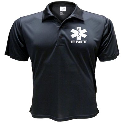 EMT Polo in Black with White/Reflective Design, Performance Polo w/Moisture Wicking Technology